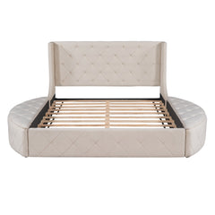 Queen Size Storage Velvet Bed Upholstered Platform with Wingback Headboard -Beige