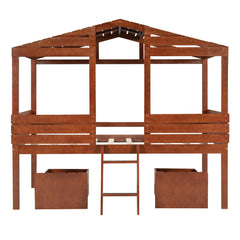 Twin Size Loft Wood House Bed with Two Drawers - Walnut