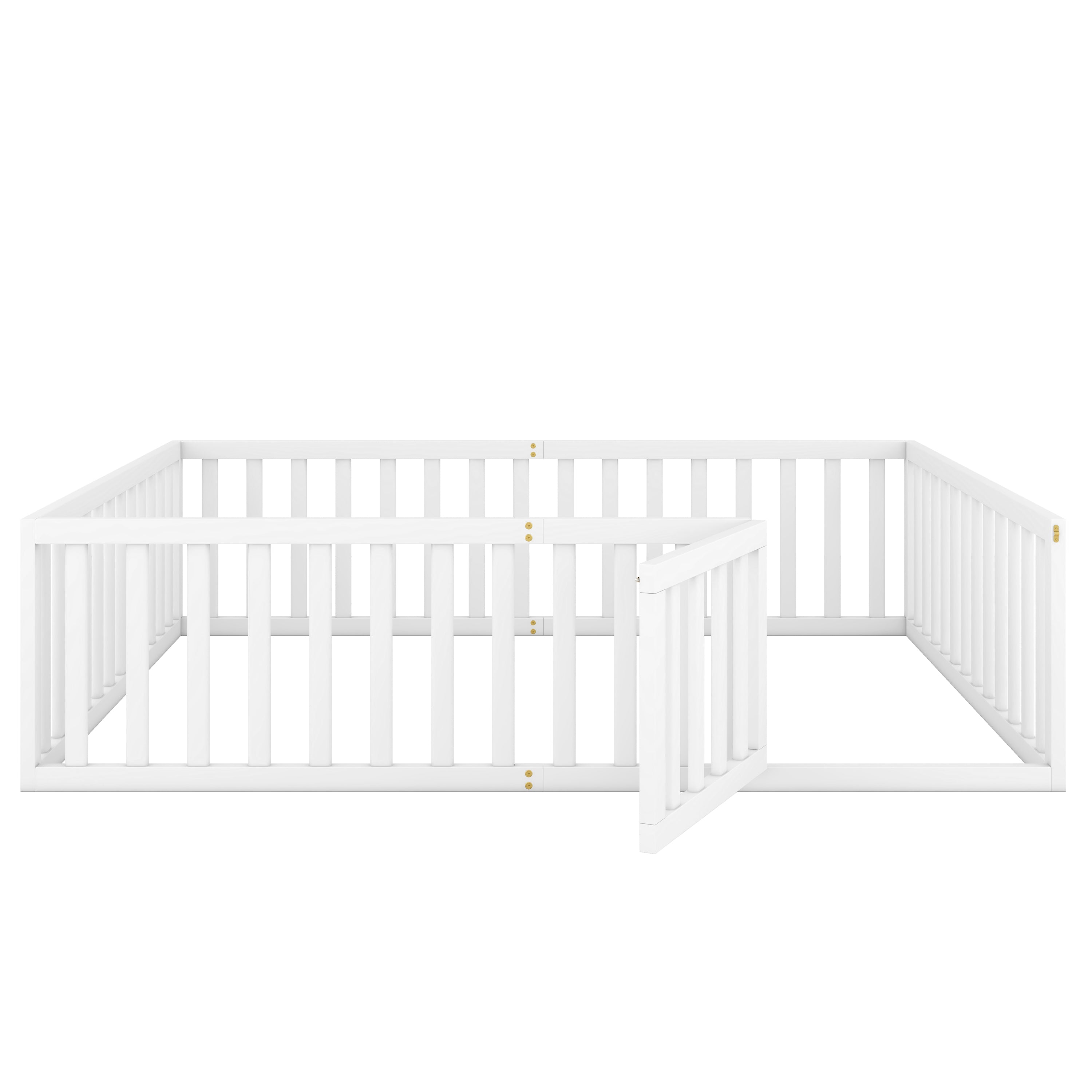 Queen Size Wood Floor Bed Frame with Fence and Door - White