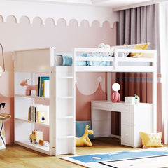 Full Size Loft Bed with Ladder, Shelves and Desk - White