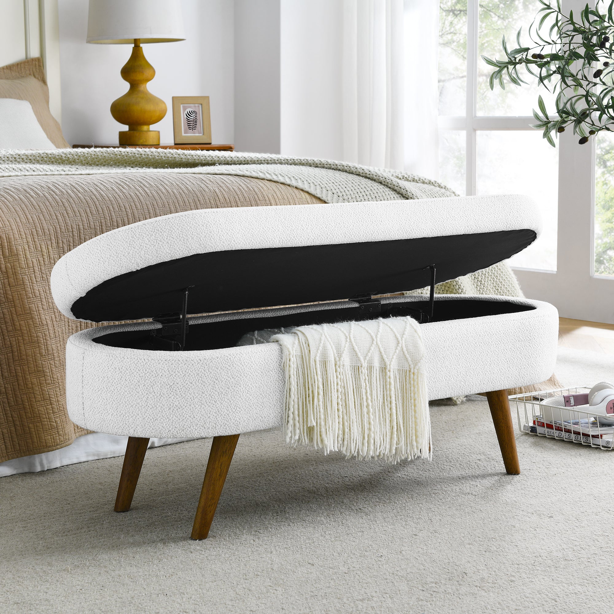 Ottoman Oval Storage Bench, Rubber Wood Legs
