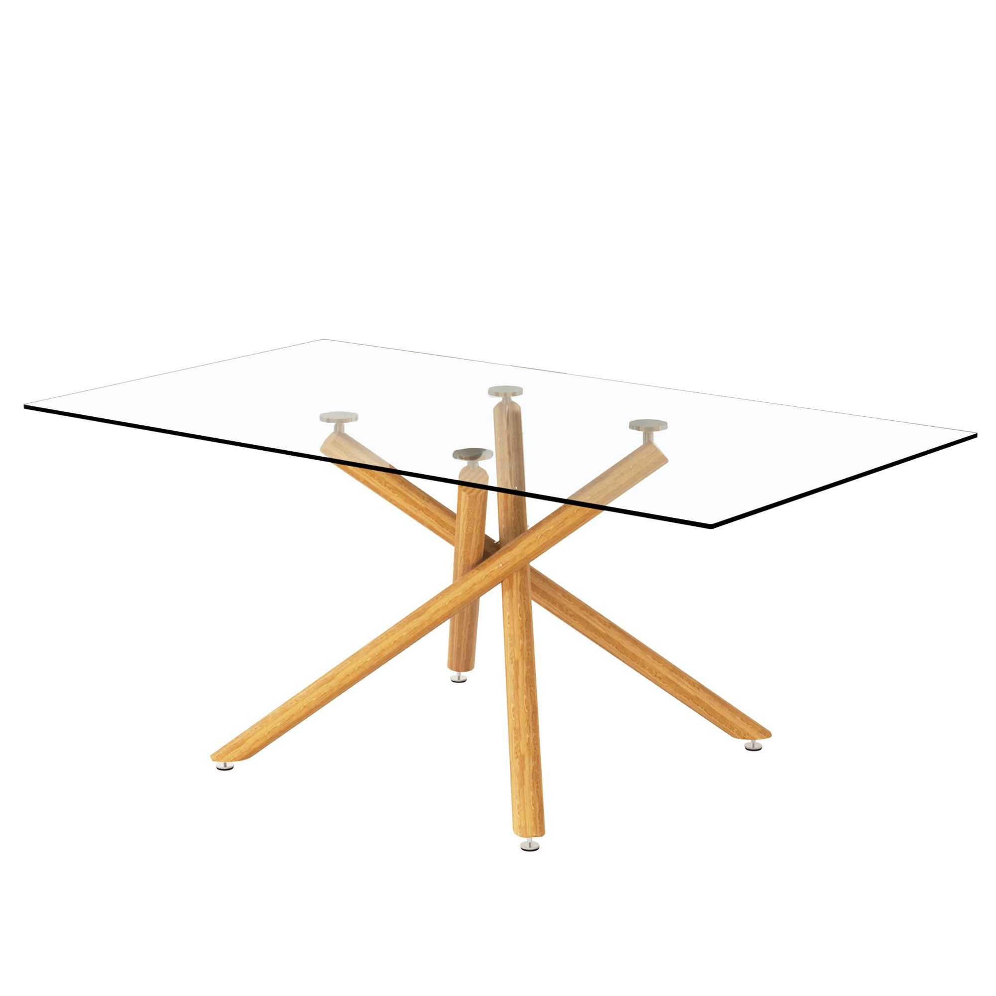 Modern Minimalist Rectangular Glass Dining Table for 6-8 with 0.39" Tempered Glass Tabletop and Wood color Metal Legs