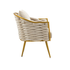 Velvet Accent Chair Upholstered Armchair Tufted with Metal Frame - Beige