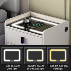 Nightstand with Wireless Charging Station,USB Charging and Adjustable LED Lights, Modern End Table with 2 Drawers - White