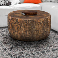 Handcrafted Mango Wood Coffee Table Round Drum Shape - Walnut Brown