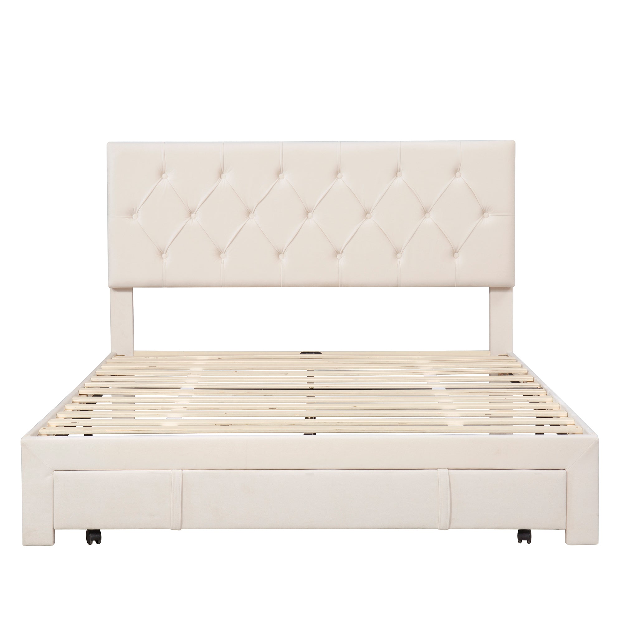 Queen Size Storage Bed Velvet Upholstered Platformwith a Big Drawer - Beige
