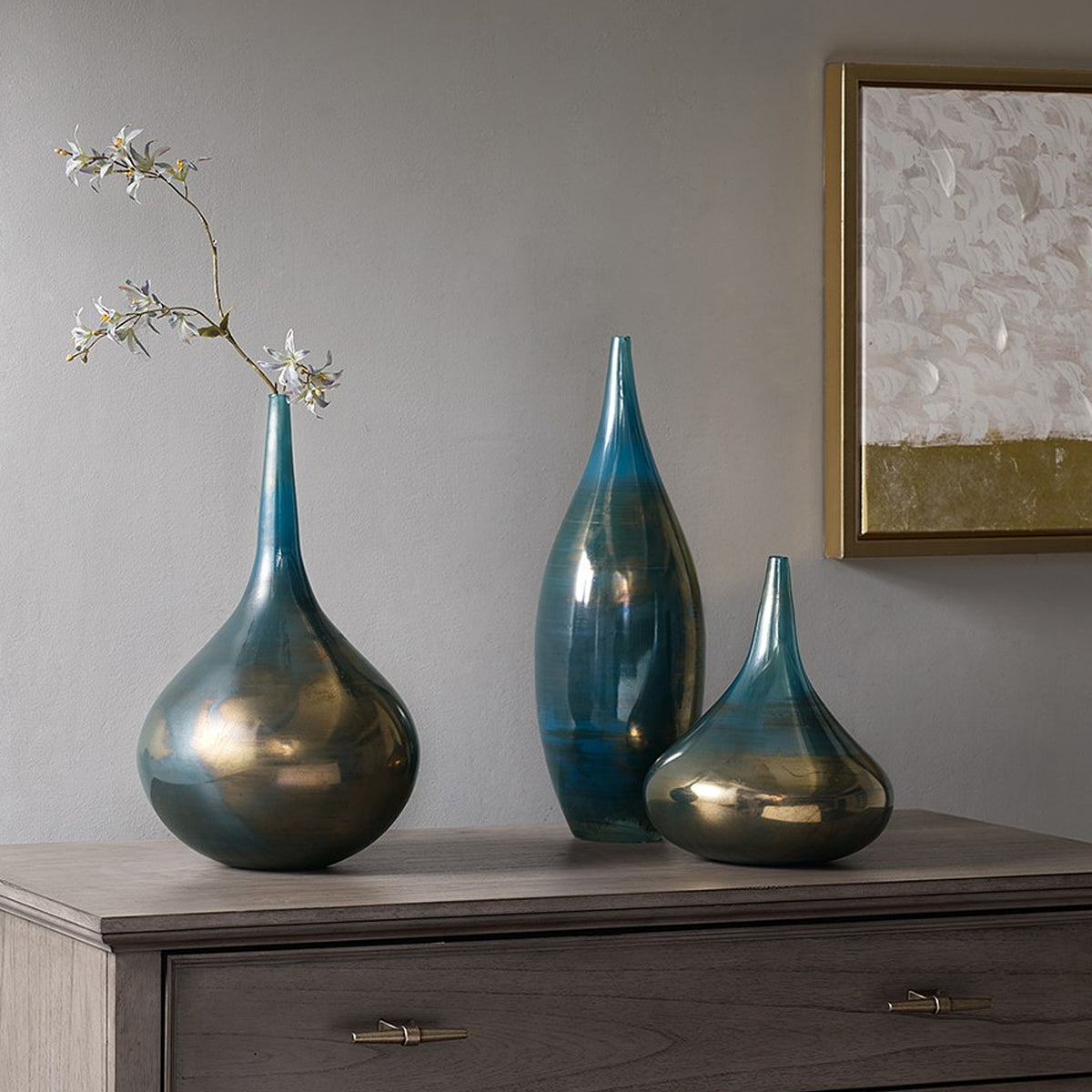 Blue and Bronze Decorative Glass Vases (Set of 3)