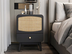 ILO Black Nightstand with Storage Drawer/ Rattan Door