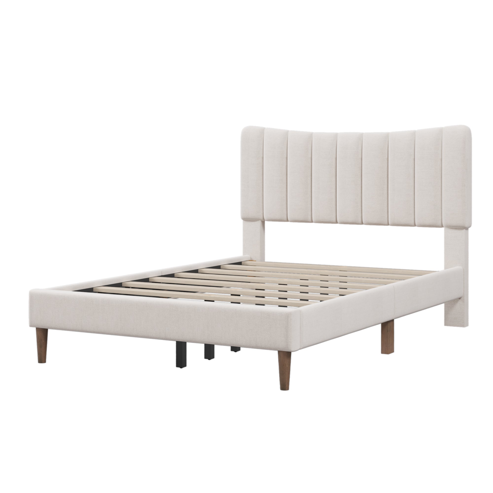 Full Bed - Upholstered Platform Bed Frame with Vertical Channel Tufted Headboard, No Box Spring Needed - Cream