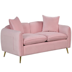 Pink Velvet Upholstered Sofa, Loveseat Couch with 2 Pillows Modern Sofa with Golden Metal Legs
