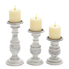 Turned Design Wooden Candle Holder with Distressed Details (Set of 3) - White