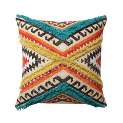 Square Cotton Accent Throw Pillow, Aztec Tribal Inspired Pattern, Trimmed Fringes 18x18" - Multicolor