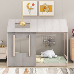 Twin Size House Platform with Roof and Window - Antique Grey+Antique White