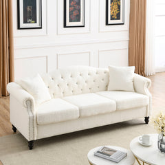 79" Chesterfield 3 Seater Sofa Tufted Couch with Rolled Arms and Nailhead, two pillows - Teddy White
