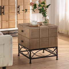 Small Grid Splicing Design Retro Square Coffee Table with 2 Drawers - Natural
