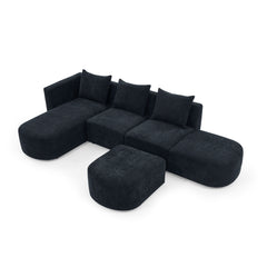 L Shape Sectional Sofa including Two Single Seats, Left Side Chaise and Two Ottomans - Black