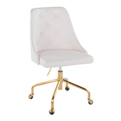 Contemporary Adjustable Office Chair with Casters in Gold Metal and White Faux Leather