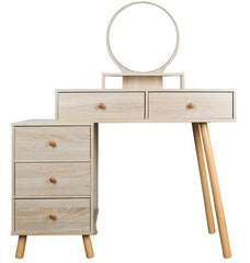 Makeup Vanity Table with Cushioned Stool, 5 Drawers, Large Round Mirror (31.5"-43.2“Lx15.8”Wx48.1”H) - Barnwood