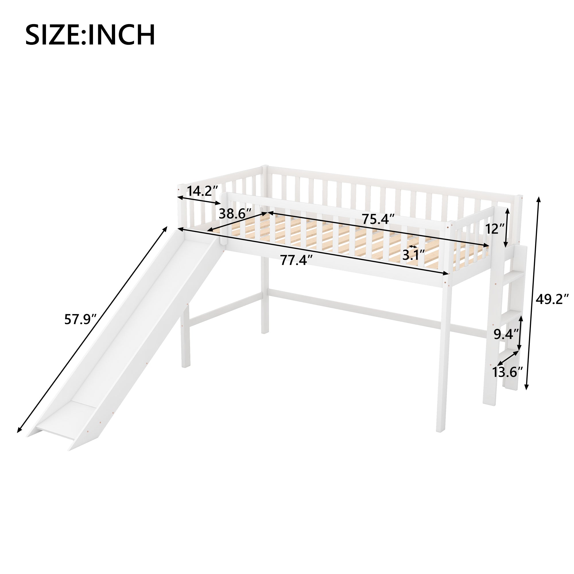 Twin Size Low Loft Bed with Ladder and Slide - White