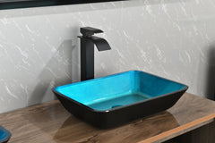 18.125" L -13.0" W -12.0" H Handmade Countertop Glass Rectangular Vessel Bathroom Sink Set - Turquoise Finish with Matte Black Single-Handle Single Hole Faucet and Pop Up Drain