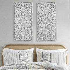 Botanical Panel Distressed Carved Wood 2-piece Wall Decor Set - White