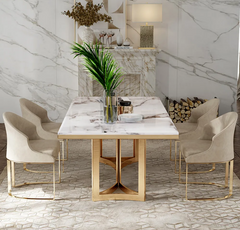 Modern Marble Dining Table with Rectangular Tabletop Gold Stainless Legs (chairs not included) - White