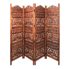 Handcrafted 4 Panel Carved Wood Room Divider Screen 80 Inch - Brown