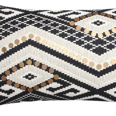 Rectangular Handwoven Jacquard Accent Lumbar Throw Pillow, Sequins, Geometric Design - White, Black