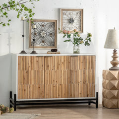 Retro Fashion Style 3-Door Storage Cabinet with Vertical Grain Embossed Design and Double Layer Storage Space - White + Oak