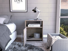 Nightstand, One Shelf, Single Door Cabinet, Metal Handle - Light Gray