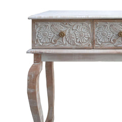 Farmhouse Style 2 Drawer Mango Wood Console Table with Floral Carved Front