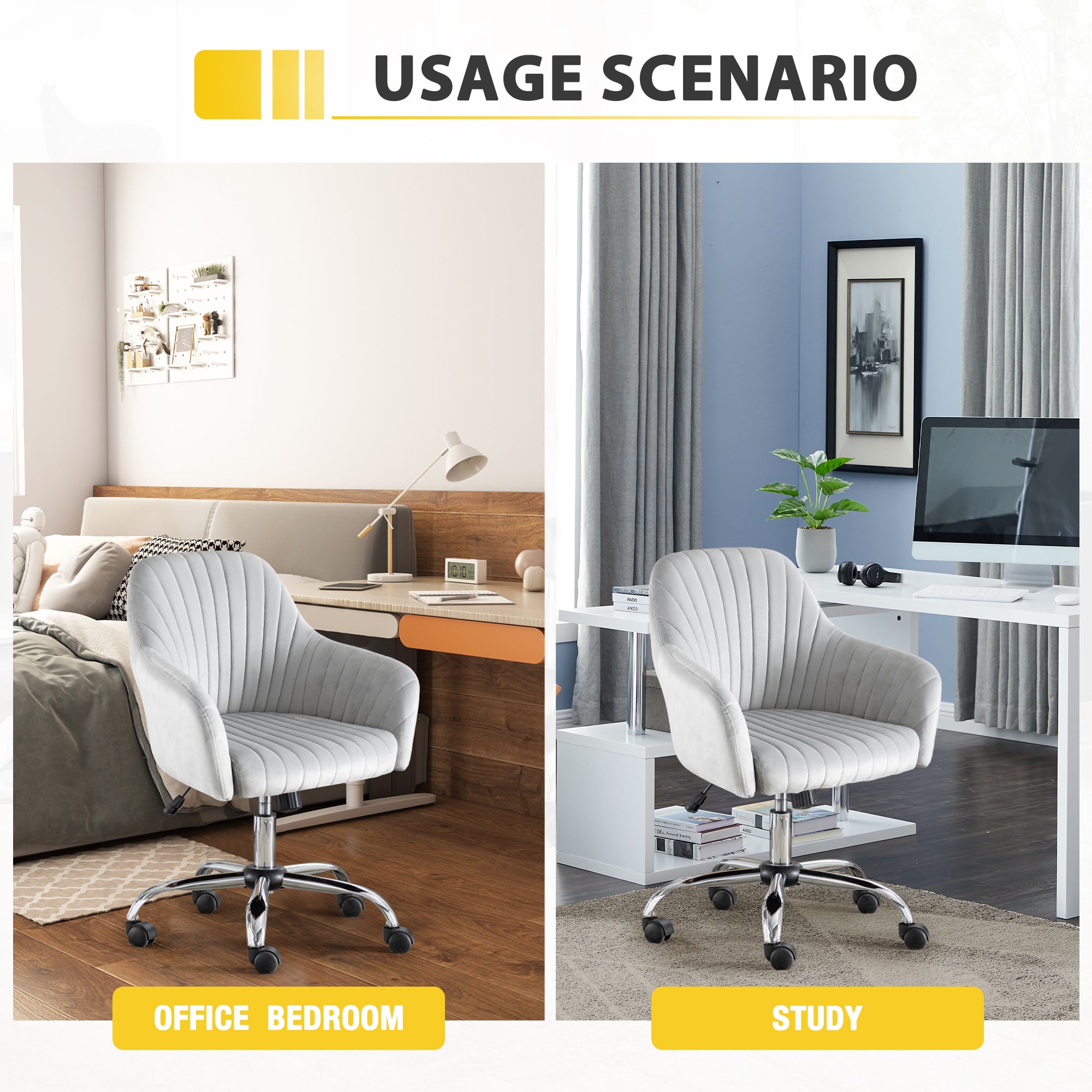 Modern Home Office Leisure Chair with Adjustable Velvet Height - Light Grey