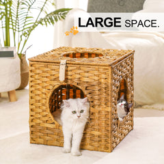 Rattan Cat Litter or Bed with Rattan Ball and Cushion - Natural Brown