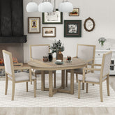 5-Piece Dining Table Set, Two-Size Round To Oval Extendable Butterfly Leaf Wood Dining Table and 4 Dining Chairs with Armrests - Natural Wood Wash