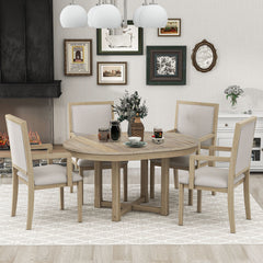 5-Piece Dining Table Set, Two-Size Round To Oval Extendable Butterfly Leaf Wood Dining Table and 4 Dining Chairs with Armrests - Natural Wood Wash
