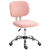 Cute Armless Office Chair, Teddy Fleece Fabric Computer Desk Chair, Vanity Task Chair with Adjustable Height, Swivel Wheels, Mid Back - Pink