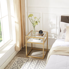 Side Table Tempered Glass Top, Nightstand with Shelf, 2-Tier End Table, Small Coffee Accent Table, Bedside Table for Small Space, Bedroom, Living Room, Gold Metal Reversable White Marble and Black