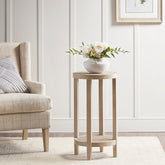 Rattan and Wood Round Accent Table