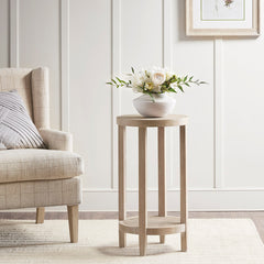 Rattan and Wood Round Accent Table