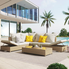 Patio 3-Piece Rattan Sofa Set All Weather - Natural Brown+ Beige Cushion