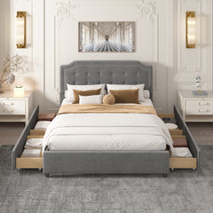 Elegant Queen Size Bed with Classic Headboard and 4 Drawers - Velvet Gray