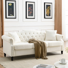79" Chesterfield 3 Seater Sofa Tufted Couch with Rolled Arms and Nailhead, two pillows - Teddy White