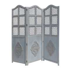 Three Panel Wooden Room Divider with Traditional Carvings and Cutouts - Blue