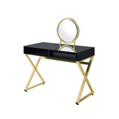 Vanity Desk w/Mirror & Jewelry Tray - Black & Gold Finish