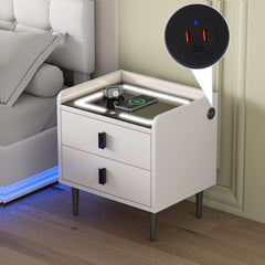 Nightstand with Wireless Charging Station,USB Charging and Adjustable LED Lights, Modern End Table with 2 Drawers - White