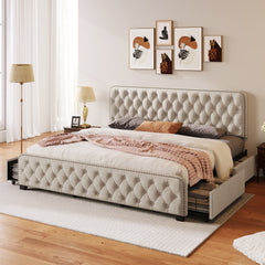 King Bed with Four Drawers, Button Tufted Headboard and Footboard Sturdy Metal Support, No Box Spring Required - Beige