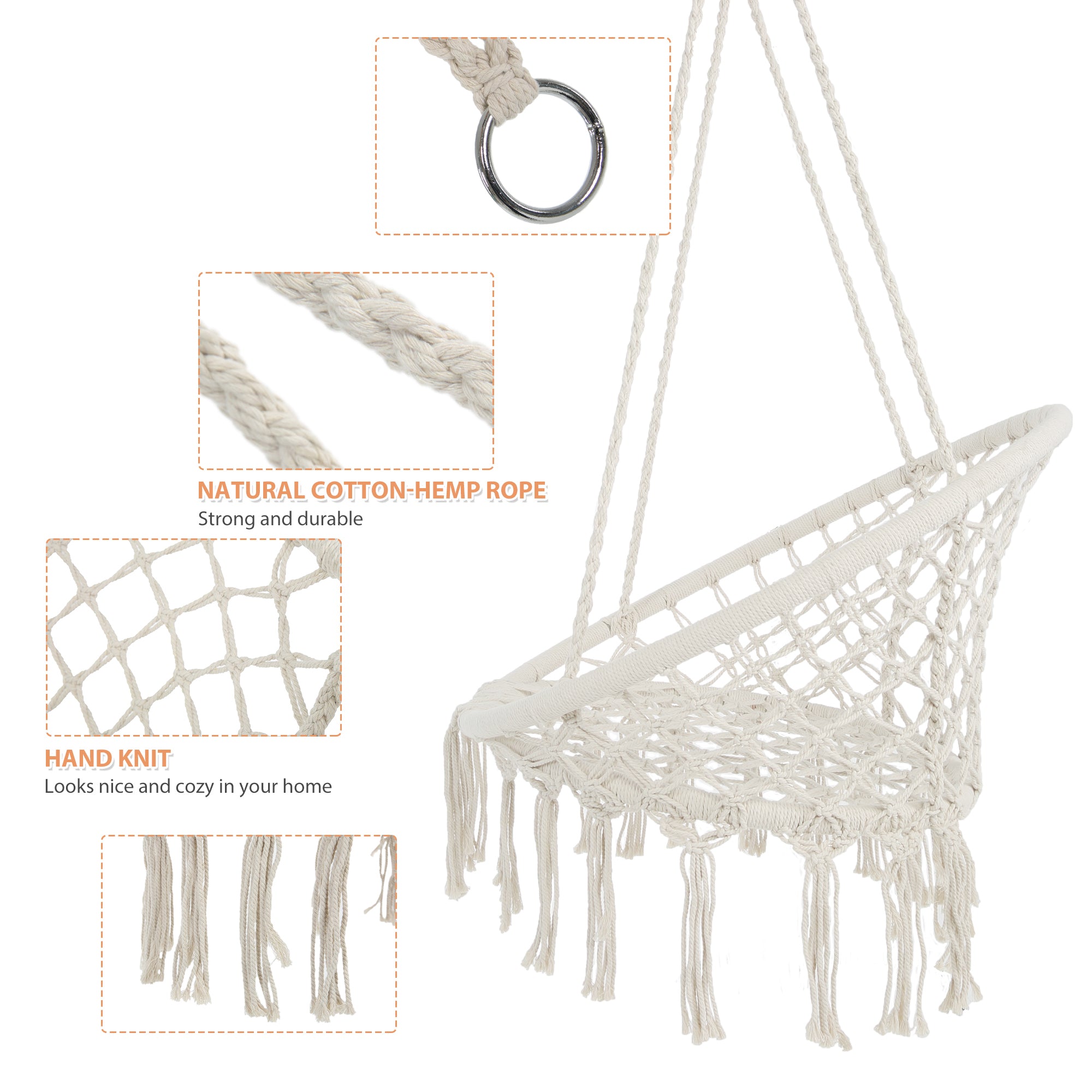 Hammock Chair Swing Hanging Cotton Rope for Indoor and Outdoor - Beige