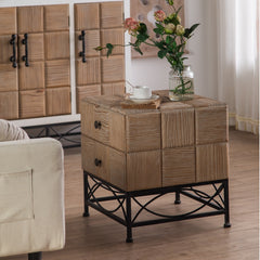 Small Grid Splicing Design Retro Square Coffee Table with 2 Drawers - Natural