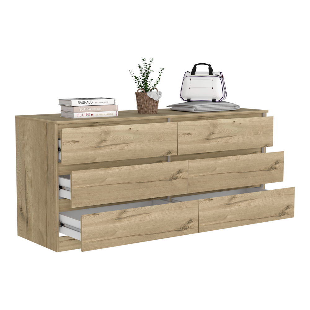 Asteria 6 Drawer Double Dresser, Metal Handles - Light Oak / White