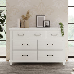 Rustic Farmhouse Style Solid Pine Wood Seven-Drawer Dresser - White